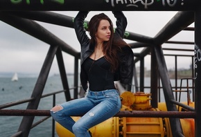 women, sitting, torn jeans, women outdoors, leather jackets, sea, looking away, portrait