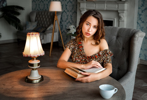 women, sitting, lamp, table, cup, portrait, books