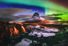 waterfalls, Northern lights, Iceland, night, light, mountain Kirkjufell