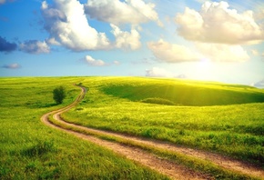 Sunshine day, the sky, road, village, clouds, summer, the sun, dense, grass, country, landscape