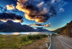 earth, clouds, mountains, nature, road, lake, water, greens, clouds, the sk ...