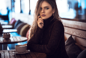 women, sitting, portrait, turtlenecks, cup, long hair