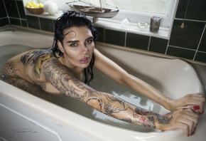 women, Jack Russell, red nails, nude, boobs, tattoo, water, wet body, wet h ...