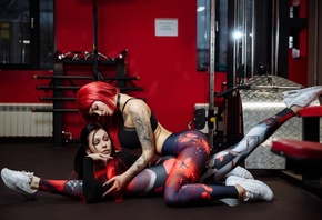 women, sneakers, Nike, tattoo, dyed hair, black nails, gyms, on the floor, kneeling, flexible, piercing, ass, sportswear