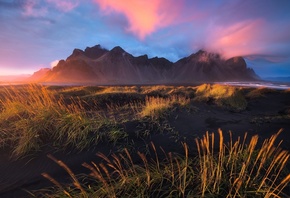 clouds, Cape, the sky, Iceland, the evening, Have stoknes, Hornafjordur, beach, the fjord, mountains, light, morning