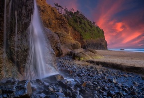 sunset, stones, rocks, Hug Point State Park, Hug Point Falls, Oregon, The Pacific ocean, coast, Oregon, Pacific Ocean, waterfall