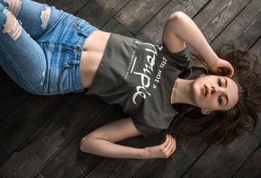 women, top view, belly, blue eyes, torn jeans, necklace, T-shirt, wooden su ...