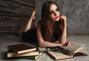 , , , , , , , , , , , yri filichkin, , , eyes, model, girl, hair, dress, lips, smile, face, portrait, photoshoot, brunette, gun, books