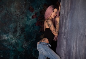 women, tanned, pink hair, dyed hair, tattoo, monokinis, long hair, jeans, l ...