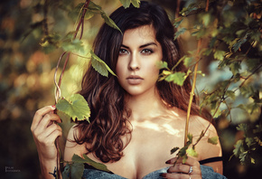 women, face, portrait, red nails, bare shoulders, depth of field, brown eye ...