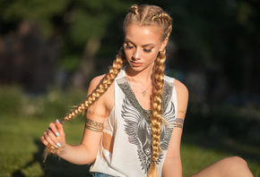 women, Dmitry Sn, blonde, portrait, pigtails, white bra, painted nails, women outdoors, necklace