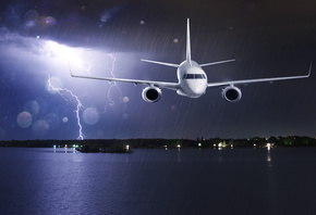 passenger, clouds, lightning, airplane, liner, shore, rain, lights, storm,  ...
