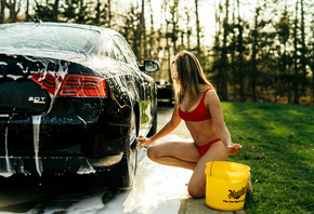 women, car washes, blonde, women with cars, women outdoors, belly, swimwear ...