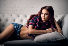 women, tanned, jean shorts, plaid shirt, belly, couch, pink lipstick, dyed  ...