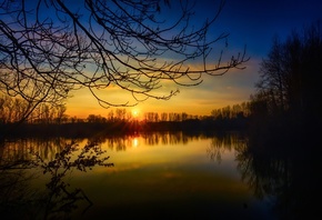 sunset, trees, lake, Germany