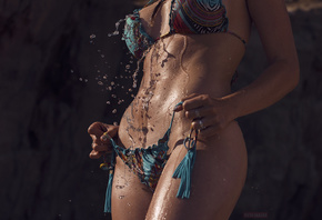 women, David Ben Haim, tanned, bikini, water drops, belly, water