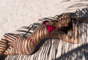 women, tanned, ass, belly, sand, armpits, sand covered, sunglasses, closed eyes, eyeliner, pink bikinis