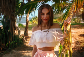 Galina Dubenenko, women, women outdoors, portrait, skirt, tanned, bare shou ...