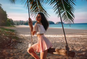 Galina Dubenenko, women, beach, sand, women outdoors, portrait, skirt, sea, ...