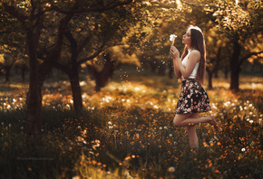 women, nature, trees, women outdoors, skirt, dandelion, long hair