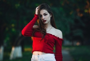 women, portrait, red lipstick, women outdoors, bare shoulders, pants, necklace, depth of field, black nails, eyeliner