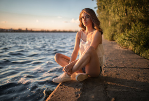 women, sitting, brunette, depth of field, sneakers, women outdoors, portrai ...