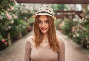 women, portrait, hat, Kristina Kardava, smiling, women outdoors, necklace,  ...