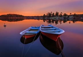 sunset, forest, river, Sweden, trees, the evening, boats