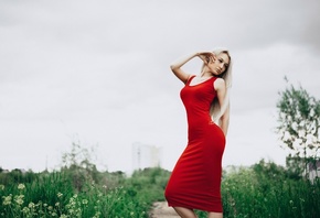 women, blonde, portrait, long hair, women outdoors, necklace, red dress