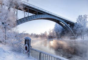 morning, bridge, snow, winter, arch, river