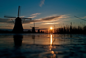 channel, windmill, the sun, the sky, grass, river, sunset