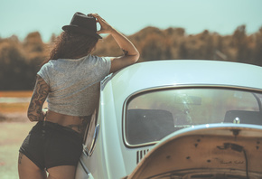 women, hat, ass, jean shorts, the gap, tattoo, women with cars, tanned, back, women outdoors