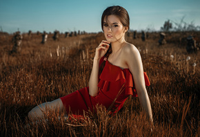 women, Damian Piorko, portrait, red dress, sitting, women outdoors