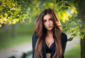 women, portrait, black bras, long hair, depth of field