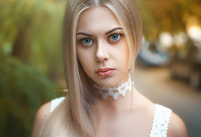 women, blonde, face, portrait, blue eyes, choker