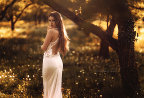 women, trees, portrait, women outdoors, white dress, long hair