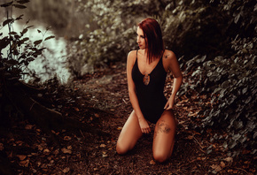 women, river, tanned, tattoo, kneeling, one-piece swimsuit, leaves, redhead