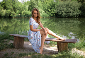 women, Grigoriy Lifin, brunette, sitting, bench, dress, red nails, women outdoors, water, portrait