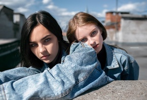 women, face, portrait, denim shirt, two women, rooftops, women outdoors, fr ...