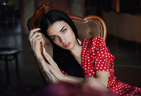 women, Dmitry Arhar, Alla Berger, polka dots, red dress, nose ring, tattoo, ...