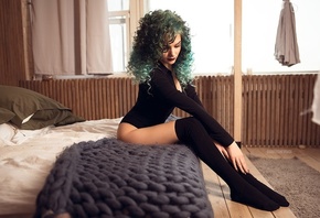 women, sitting, leotard, curly hair, black stockings, bed, pillow, Igor Marushevskii, window, dyed hair