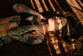 women, black bras, closed eyes, belly, black lingerie, lying on back, tatto ...