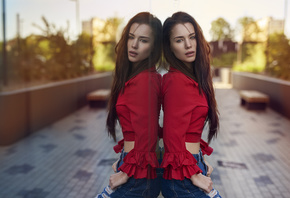 women, portrait, glass, reflection, torn jeans, long hair