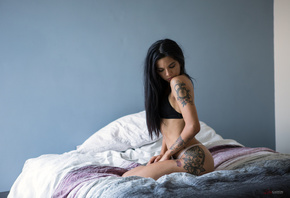 women, Luis Gaston, lingerie, panties, black bras, tattoo, ass, kneeling, i ...