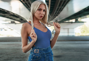 women, blonde, eyeliner, portrait, denim