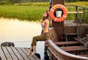 Vlada Heidrich, women, river, boat, portrait, women outdoors, overalls, tat ...