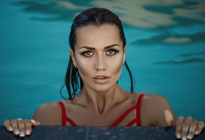 women, swimming pool, face, portrait, wet hair, water drops