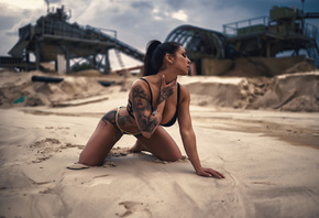 women, tanned, sand, bikini, sand covered, kneeling, nose ring, tattoo, wom ...