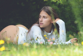 women, ass, grass, leotard, portrait, lying on front, women outdoors, brunette, Tanlines