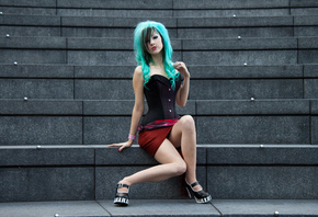 women, model, corset, skirt, dyed hair, teal hair